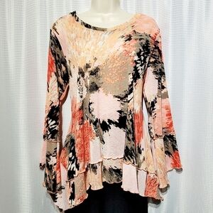 Vine Street Coral Peach Black Flowy Bell Sleeve Top Made in USA (L)